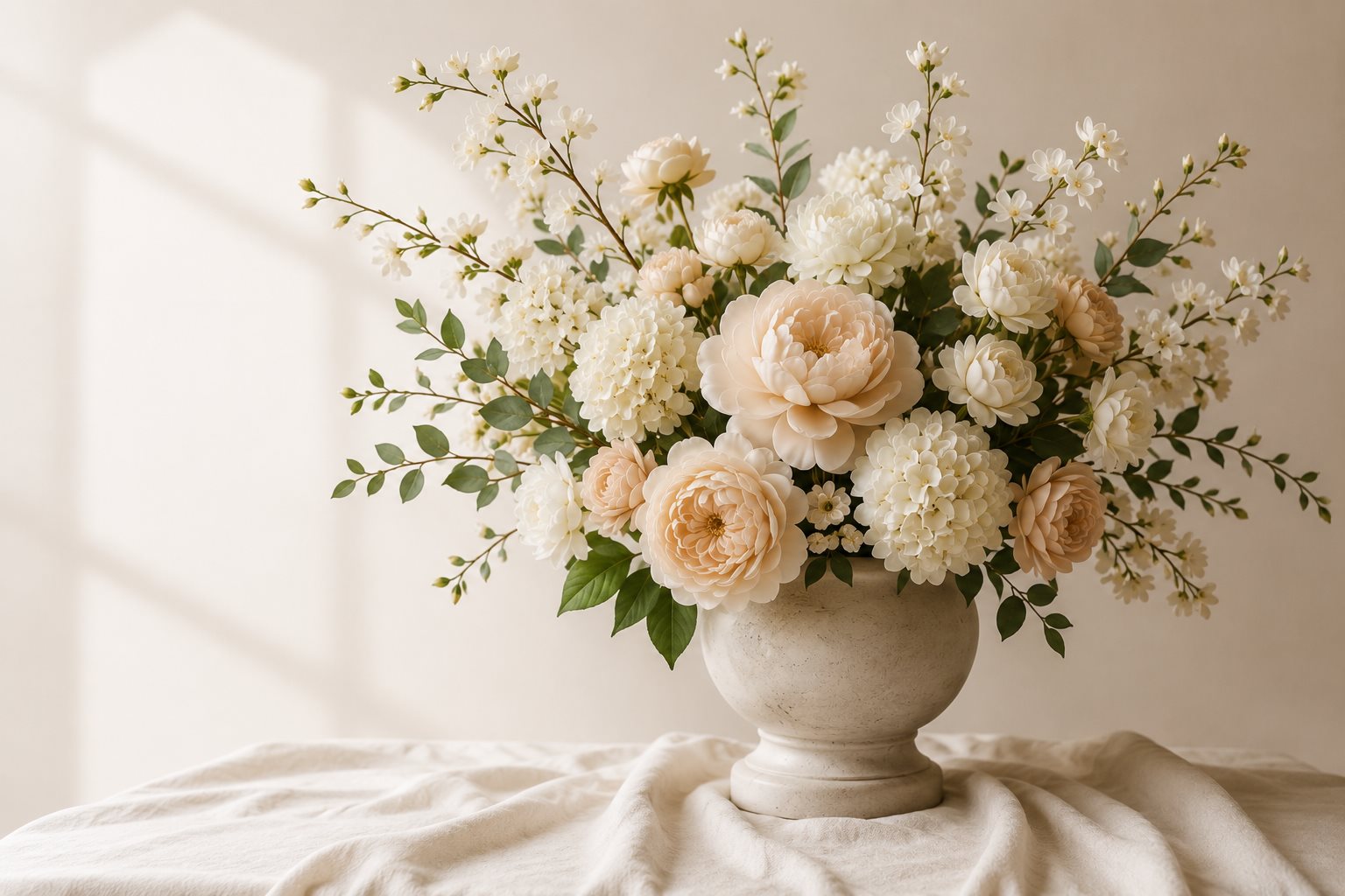 Silk flower bouquet arranged in a stone vase